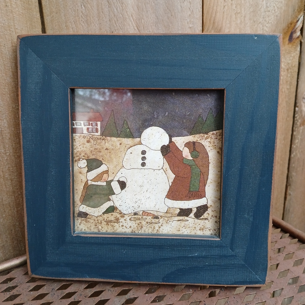 Vintage 90s Teresa A Kogut Primitive Folk Framed Watercolor 7.25 Snowman